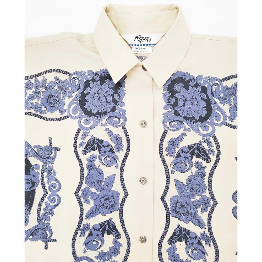 Vintage 80s Roper Women's Western Horse Floral Cowgirl Button Down Shirt Tan  M - Picture 6 of 13